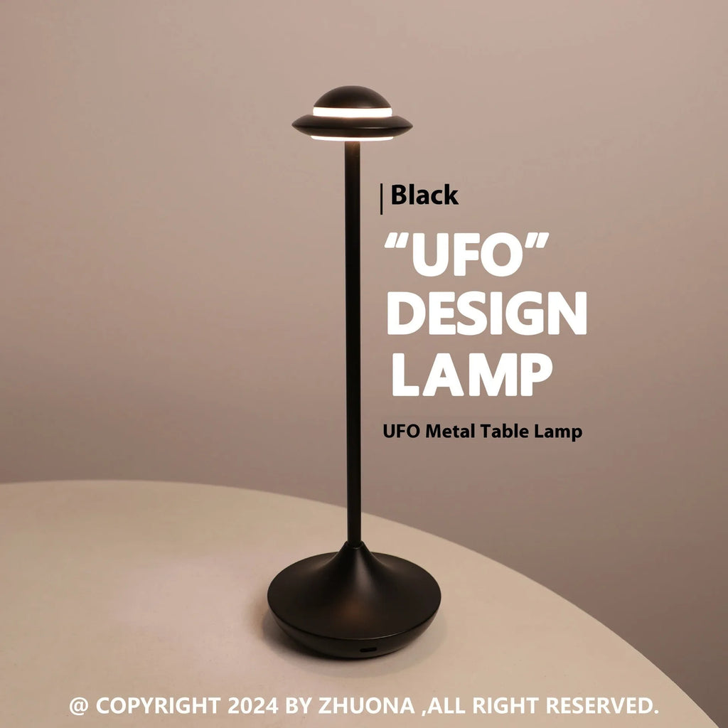 UFO table lamp in black, gold, or grey with touch dimming and rechargeable battery