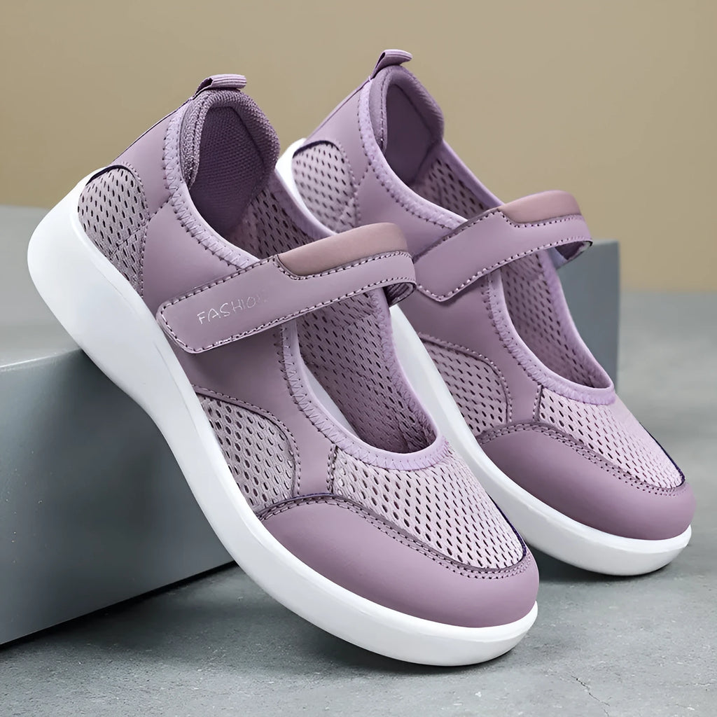 Women's low-top grey mesh casual shoes with velcro strap and round toe