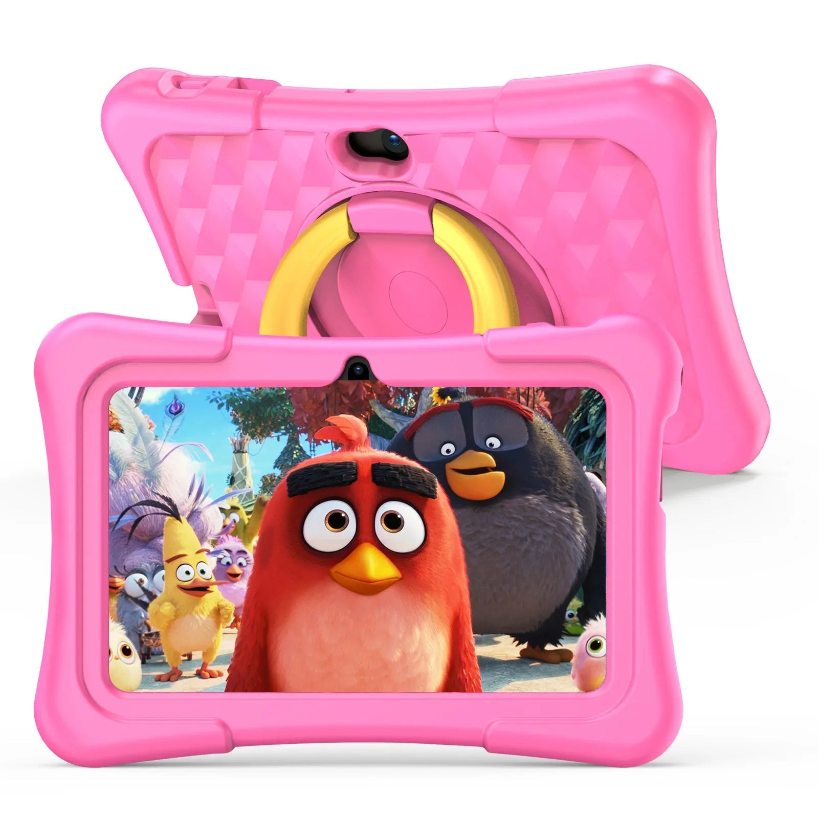 Blue children's education tablet with attached silicone protective cover and a blue rotating handle bracket.