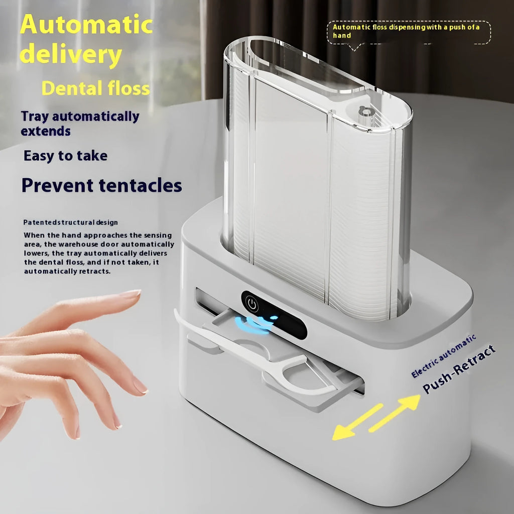 Intelligent induction dental floss box in dark grey, gold, and light grey colour options showing automatic pop-up mechanism.