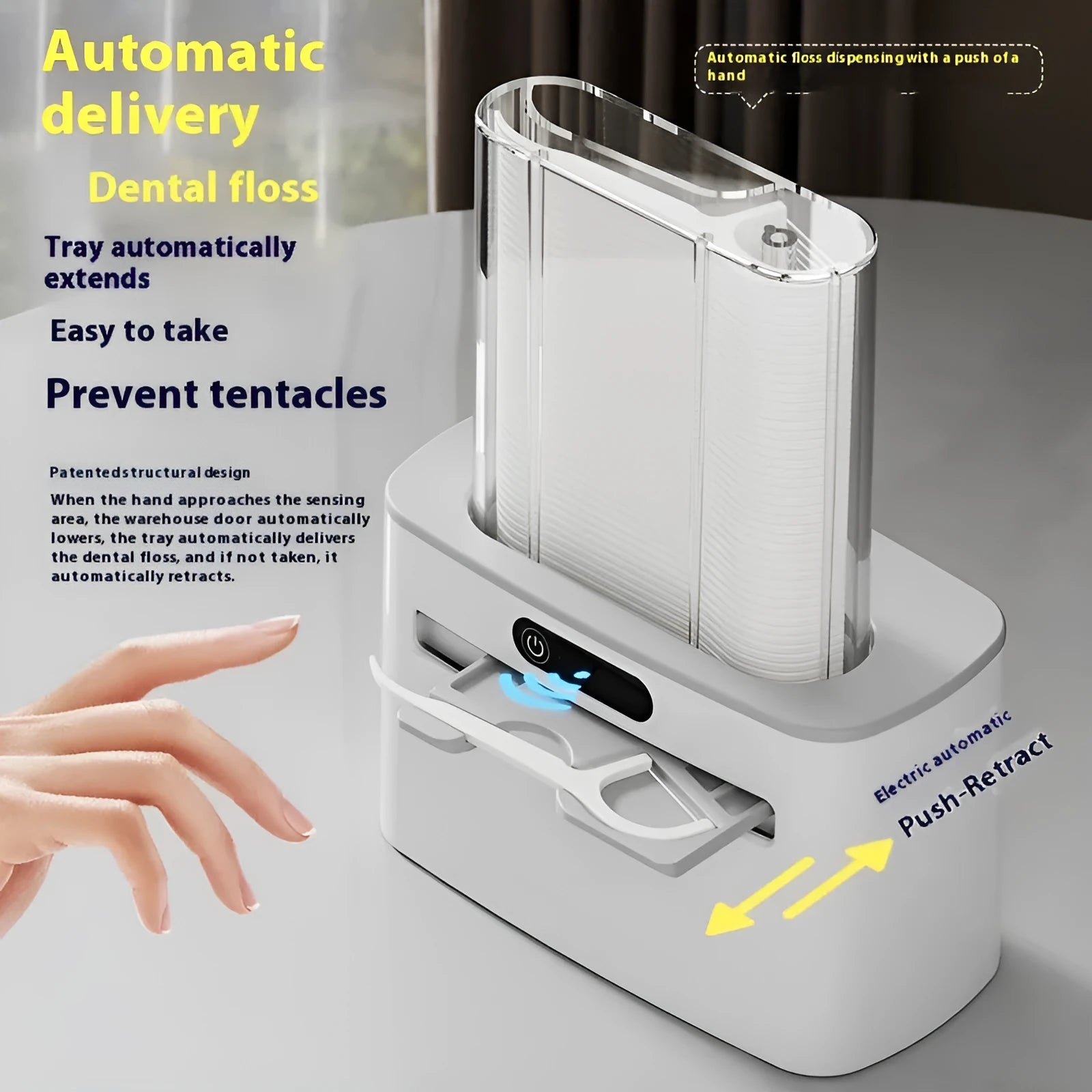 Intelligent induction dental floss box in dark grey, gold, and light grey colour options showing automatic pop-up mechanism.