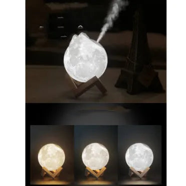 Spherical lunar humidifier night light with white LED lighting and USB charging cable