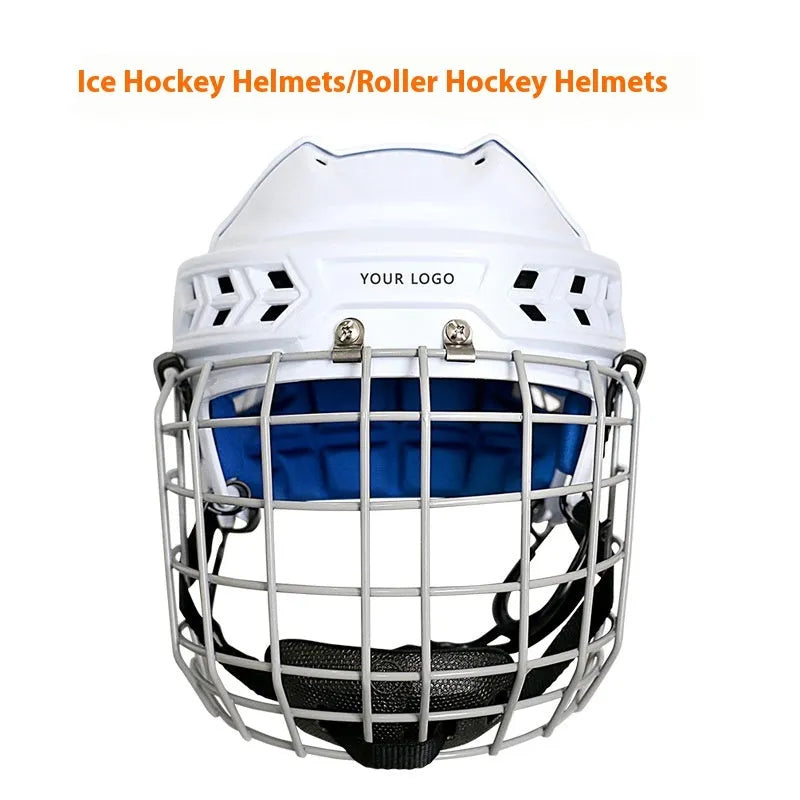 Ice hockey helmet with a carbon steel face mask showing impact-resistant PP shell exterior.