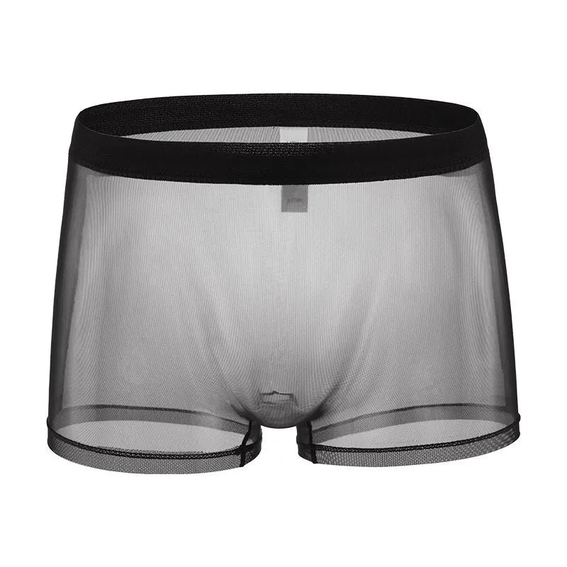 Men's low waist mesh boxer briefs in thin sheer polyester fabric on a colour swatch background.