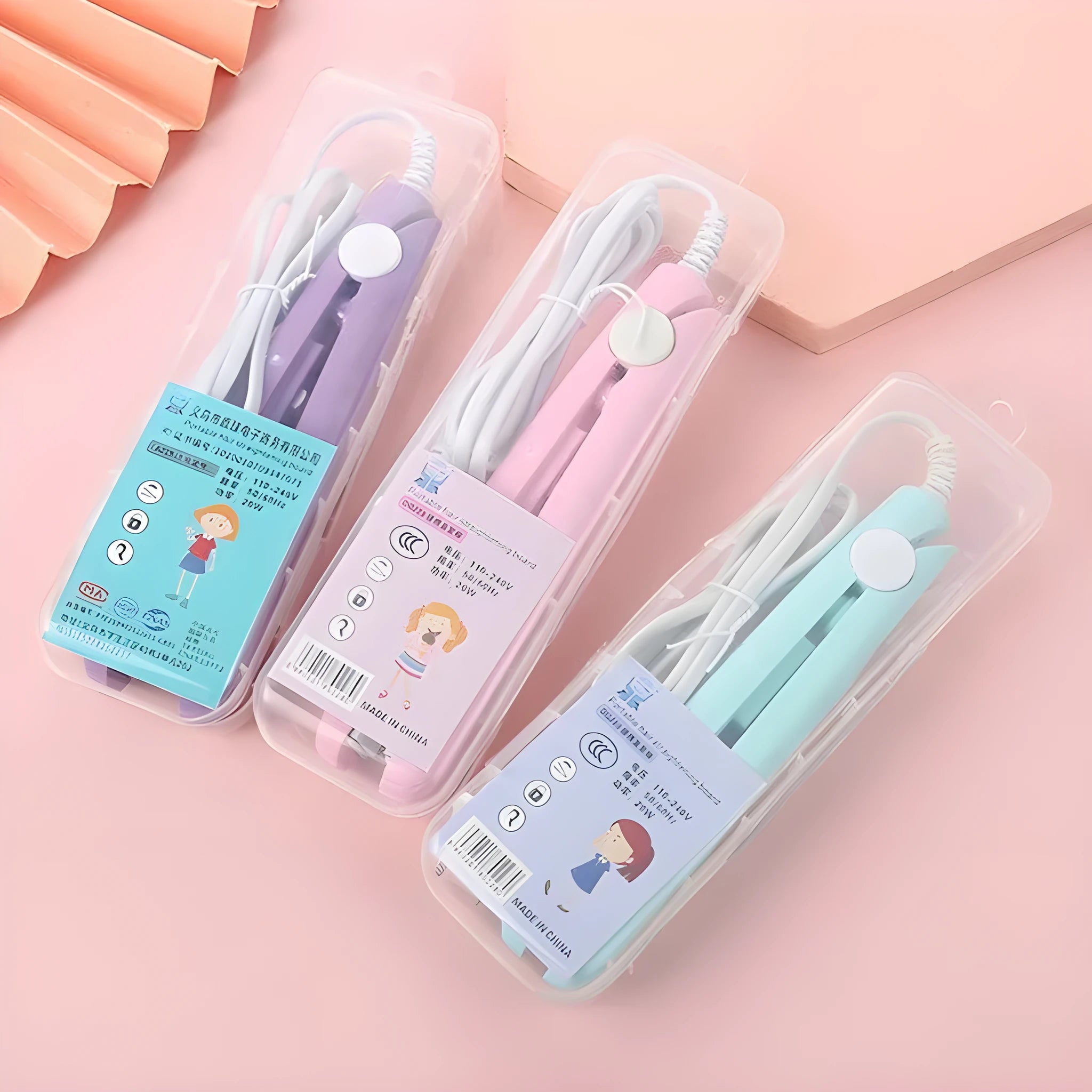 Mini hairdressing splint hair straightener in blue, pink, purple, white, or yellow with a storage box.