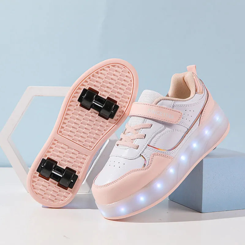 Child's charging flash roller skate with illuminated LED wheels in pink, showing buckle and lace closure.