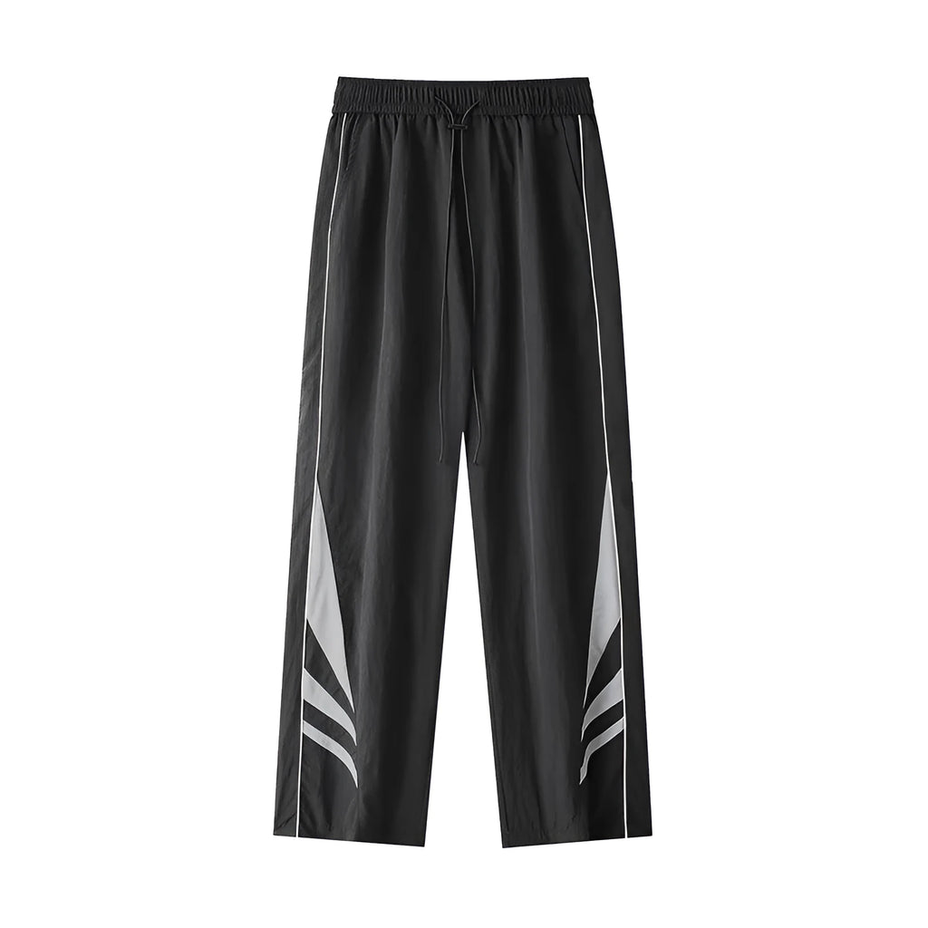 Men's straight cut loose fit casual trousers in black or grey, laid flat.