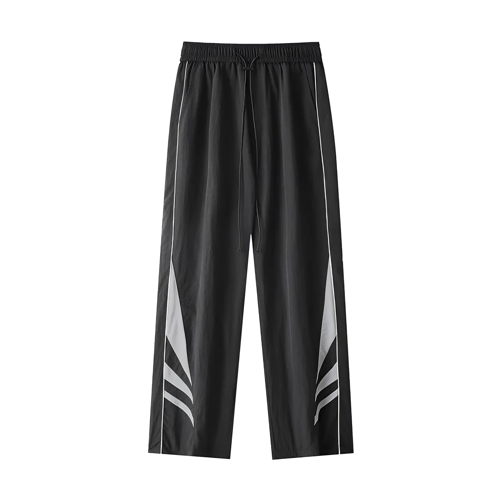 Men's straight cut loose fit casual trousers in black or grey, laid flat.