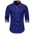 Men's plaid shirt with triangle collar and contrast colour panels in polyester blend fabric