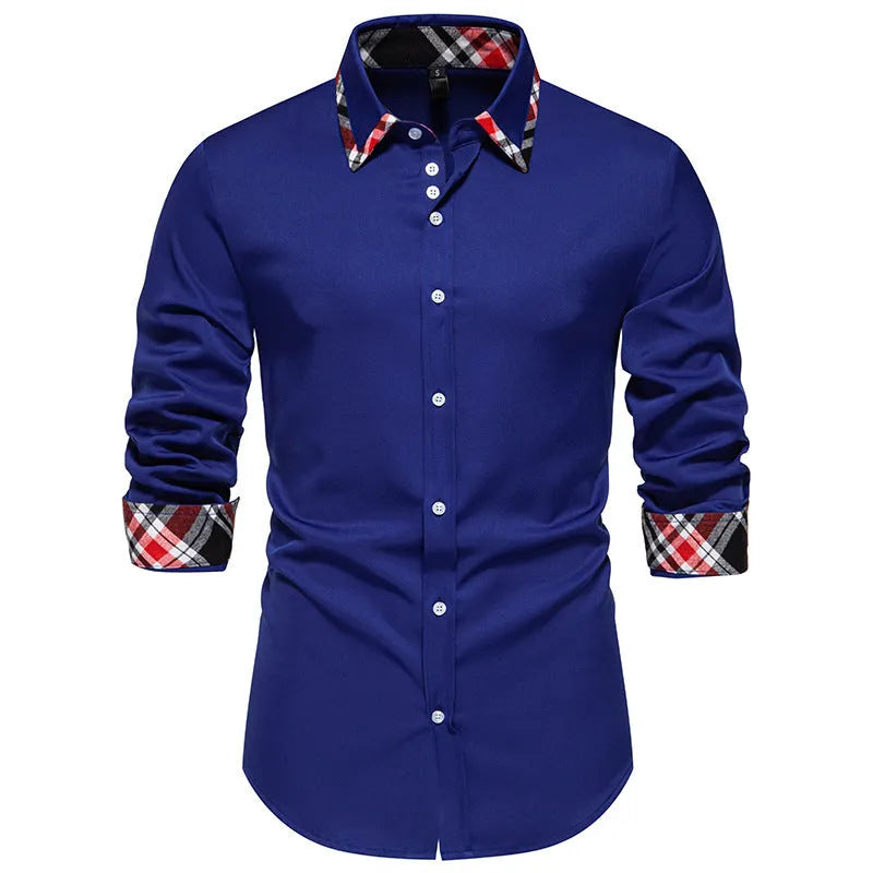 Men's plaid shirt with triangle collar and contrast colour panels in polyester blend fabric