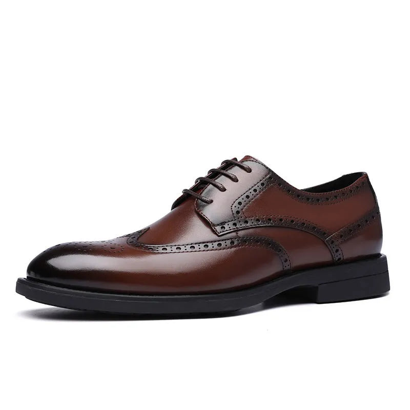 Men's black and brown brogue Oxford-style formal shoes with classic perforated detailing.