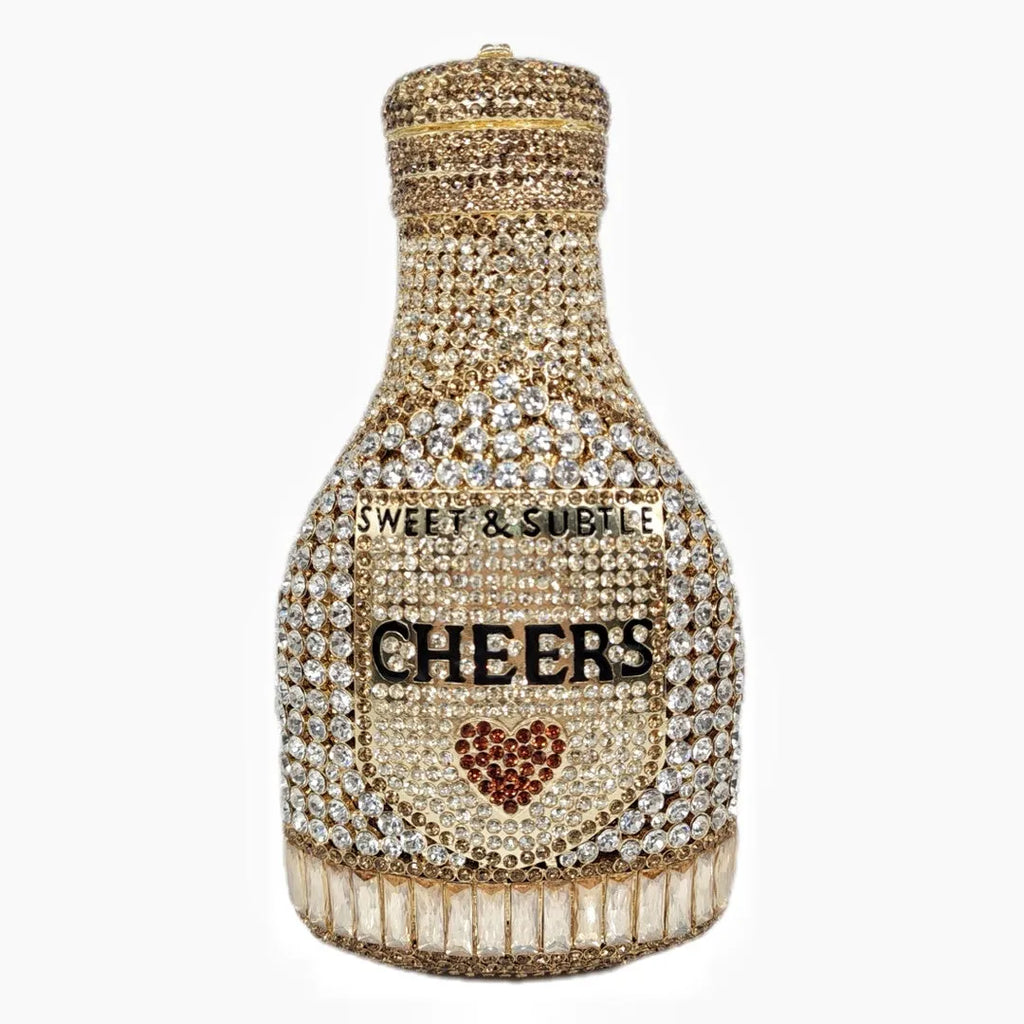 Gold champagne bottle shaped clutch bag with rhinestone detailing and alloy construction