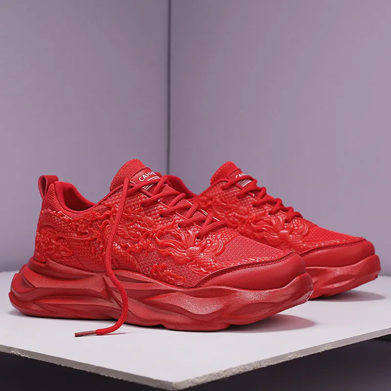 Chinese Loong pattern casual sneakers with fly knit upper and rubber sole