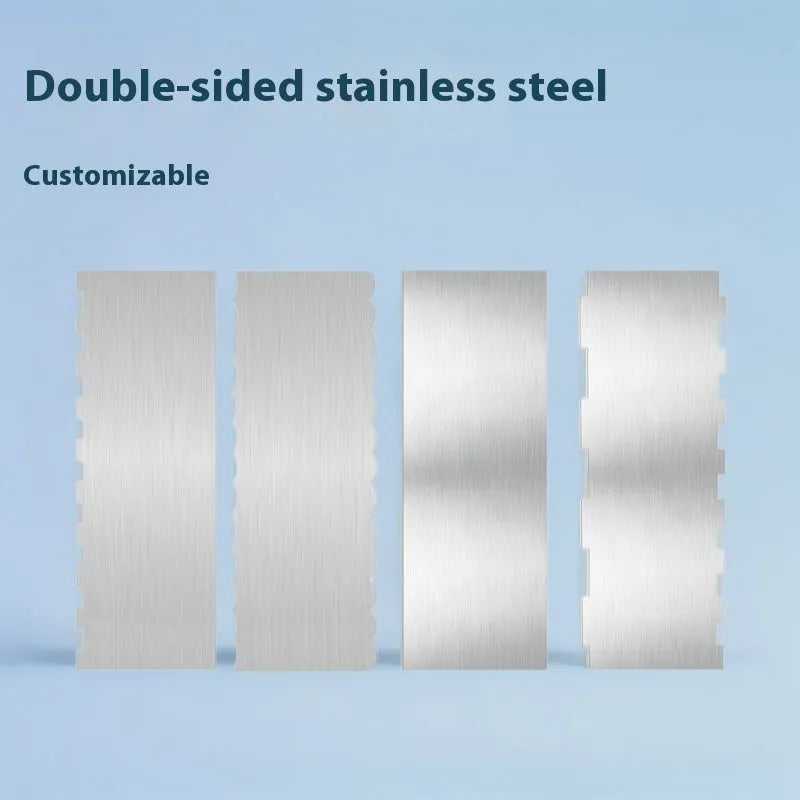 Stainless steel cake decorating scraper with a polygon-patterned edge for smoothing buttercream