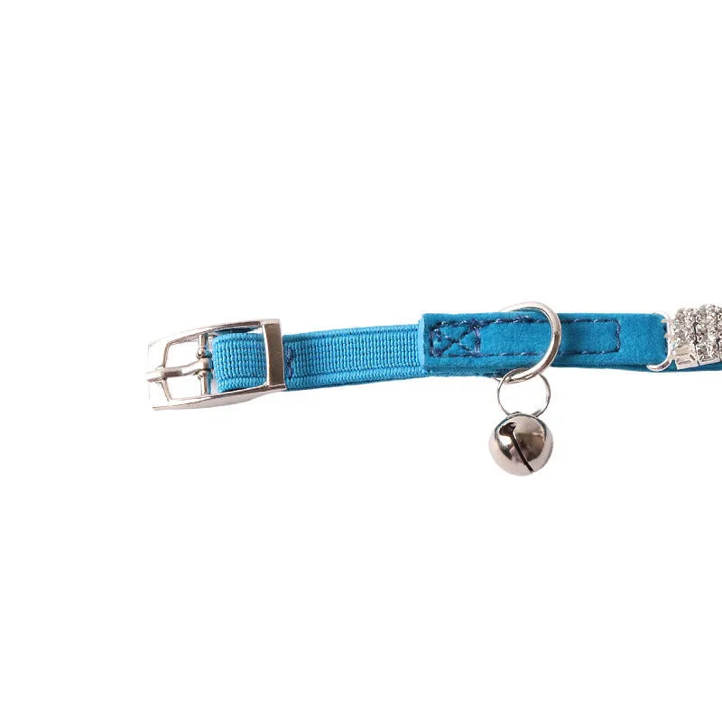 Flocked flannel cat collar with elastic buckle and gang drill decoration in multiple colours