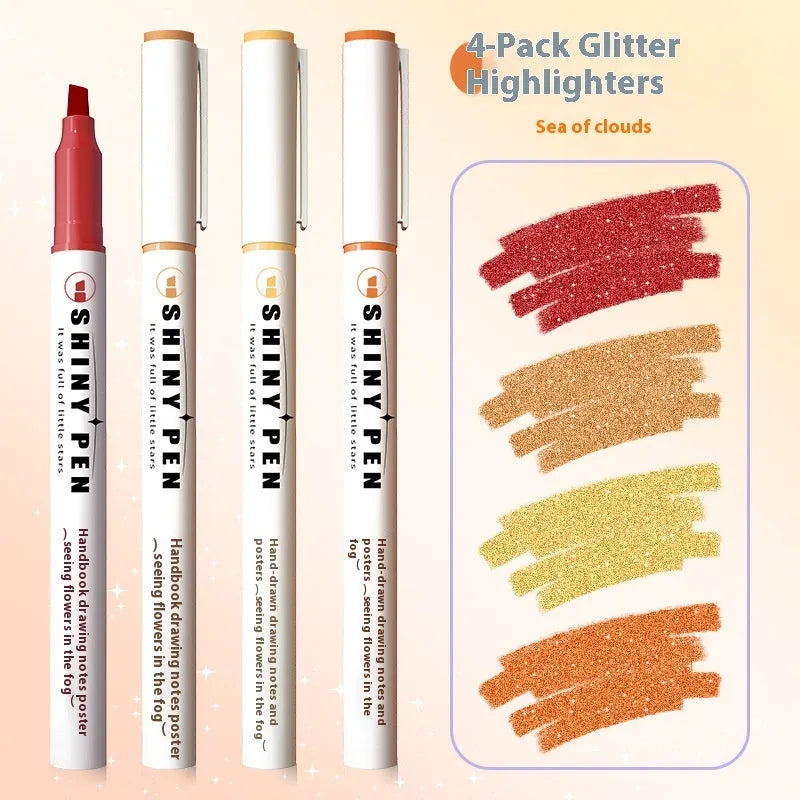 Set of four glitter highlighter pens with slanted tips in six colours including taro puff and mung bean smoothie