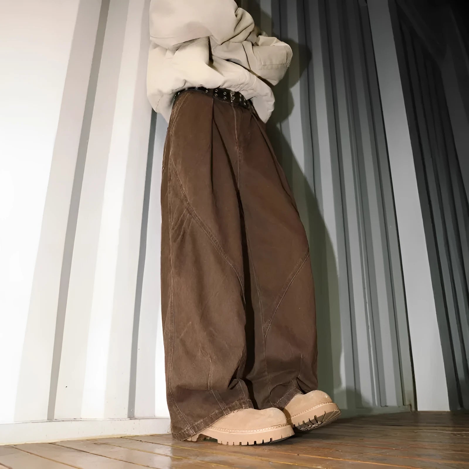 Men's pleated straight trousers in cotton blend fabric with stripe pattern and elastic waistband