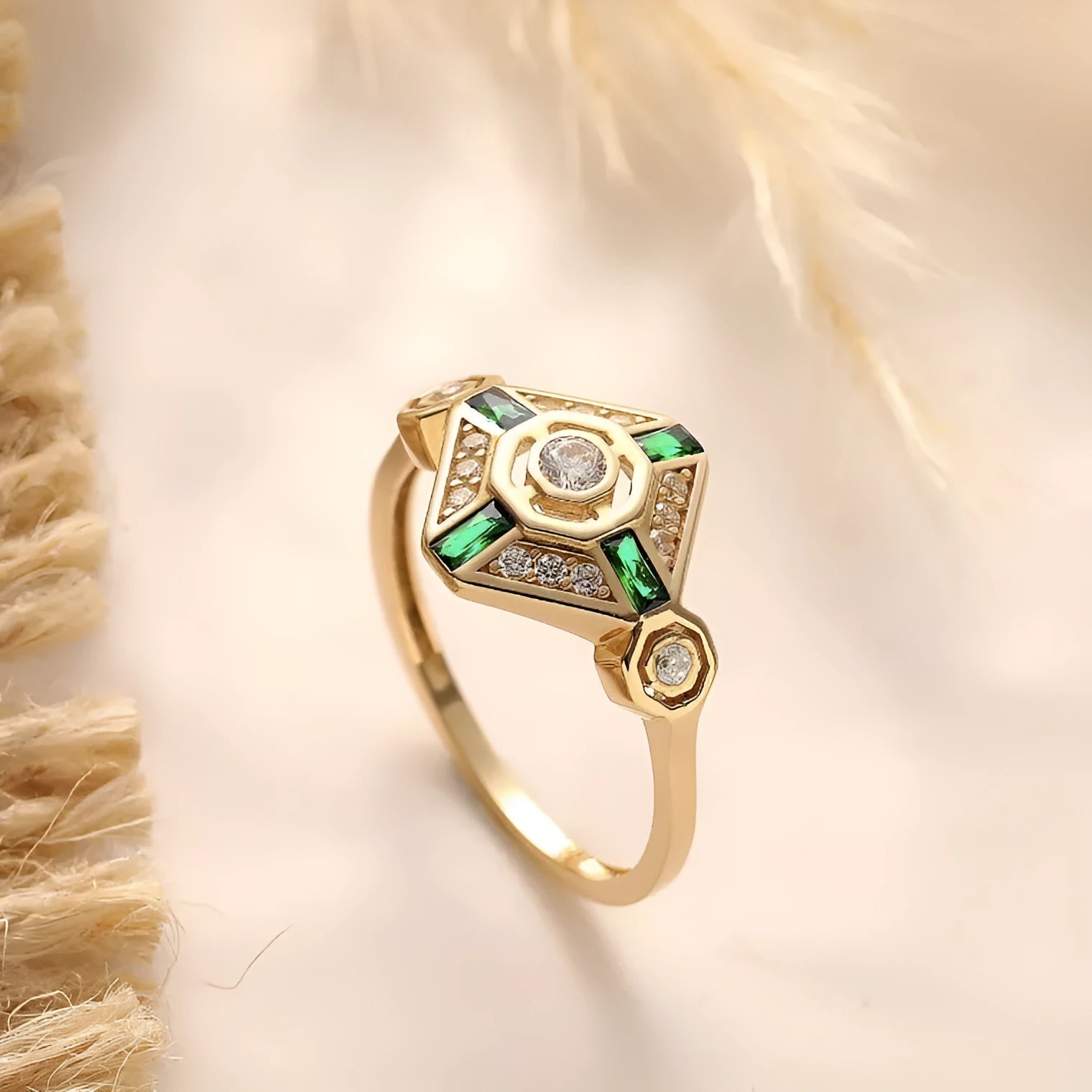 Square-cut emerald green ins style fashion ring for women on a white background.