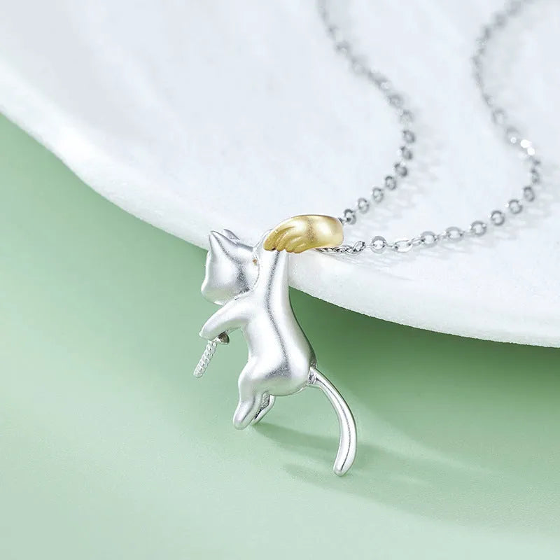 925 sterling silver clavicle necklace with electroplated cat pendant in multiple colour options