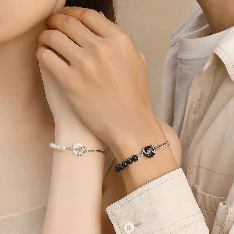 925 sterling silver couple bracelet with obsidian pearl and snake zodiac motif