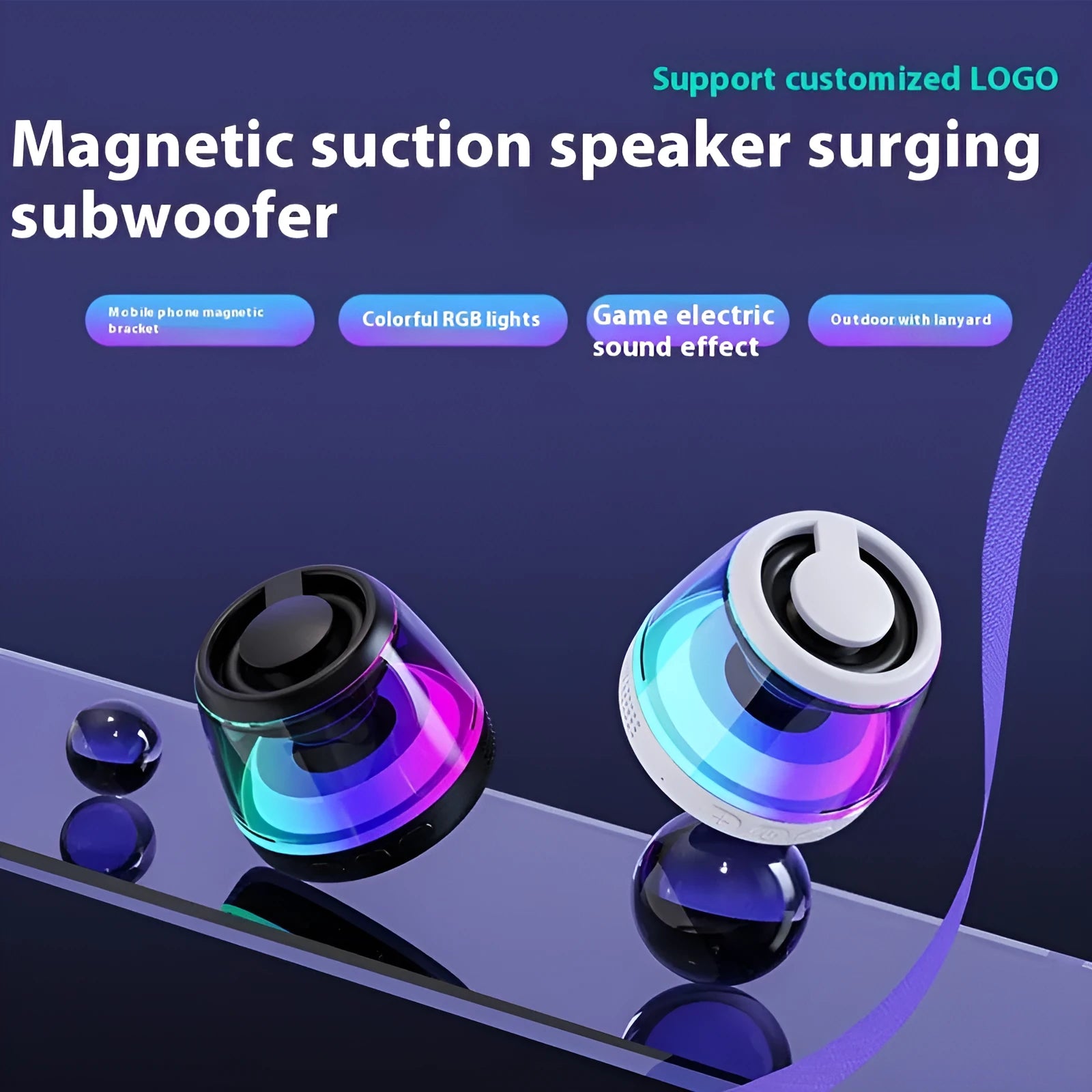 Compact black or white portable Bluetooth speaker with magnetic base and built-in ambience lighting.