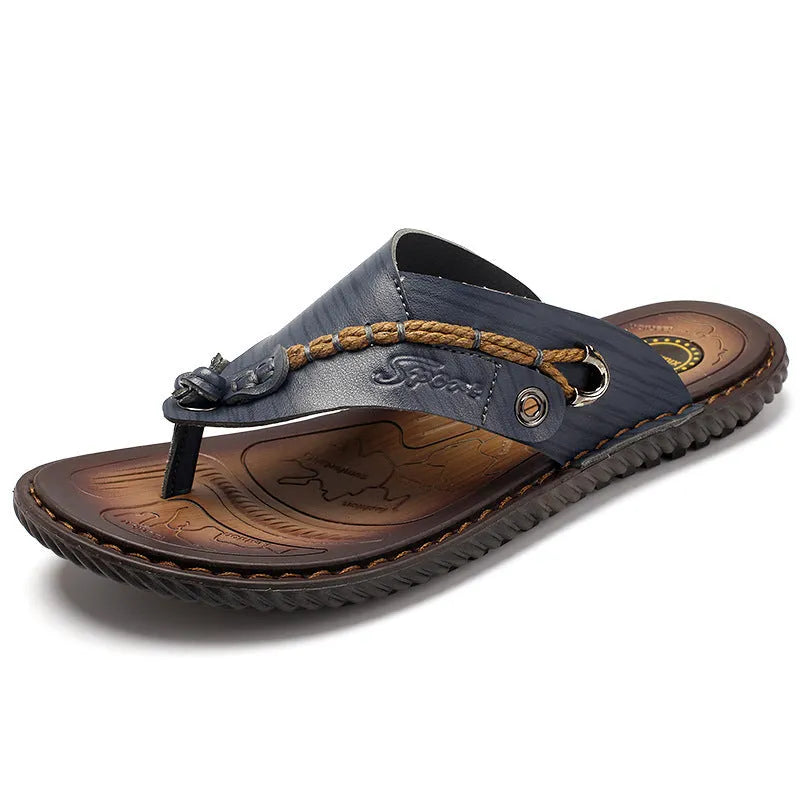 Men's black PU leather casual slippers with non-slip sole, shown on a white background