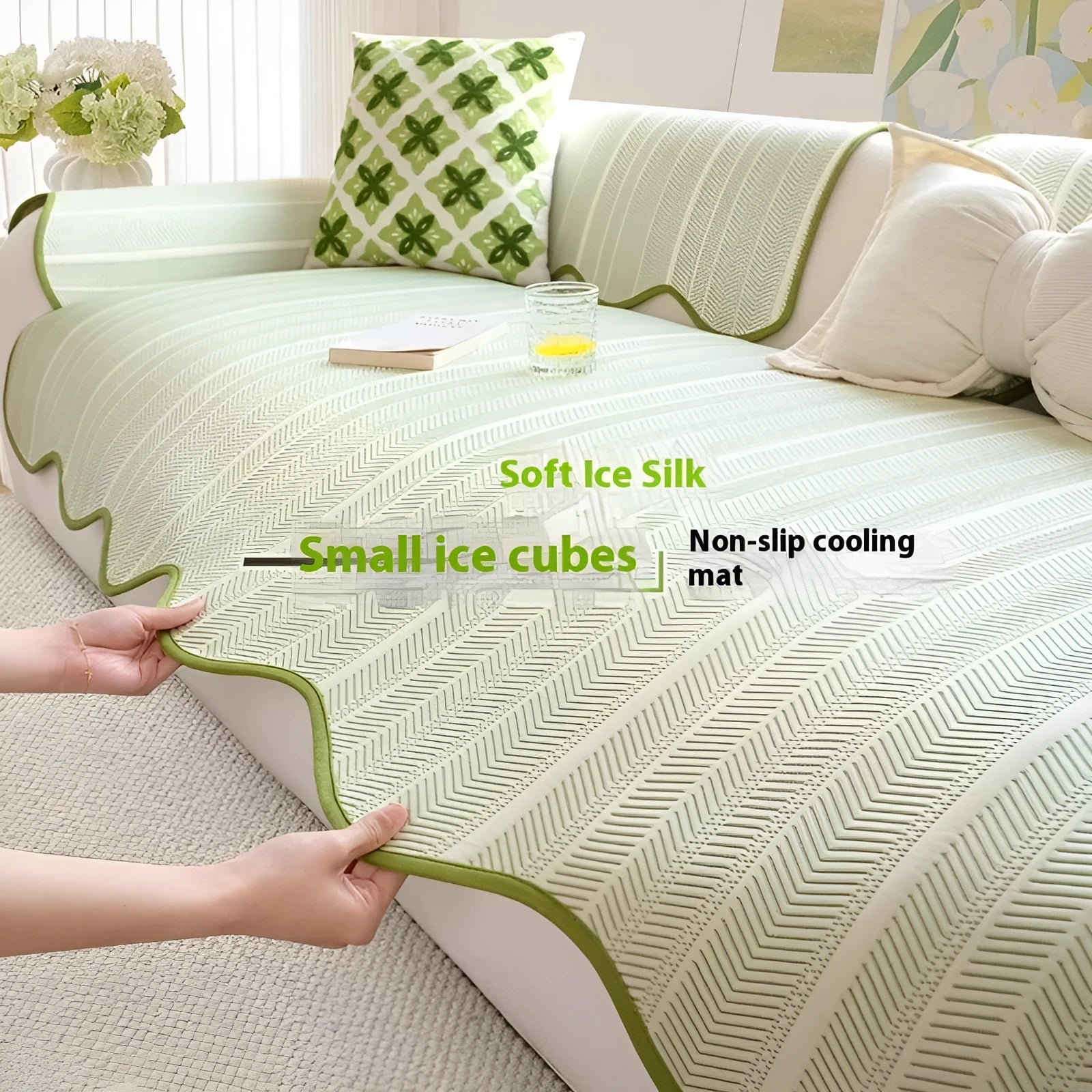 Special-shaped straight row mat sofa cover in ice silk fabric with non-slip design