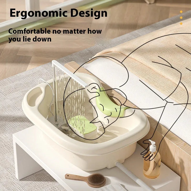 Portable shampoo basin with head pillow, water pump, and drainage pipe for bed hair washing