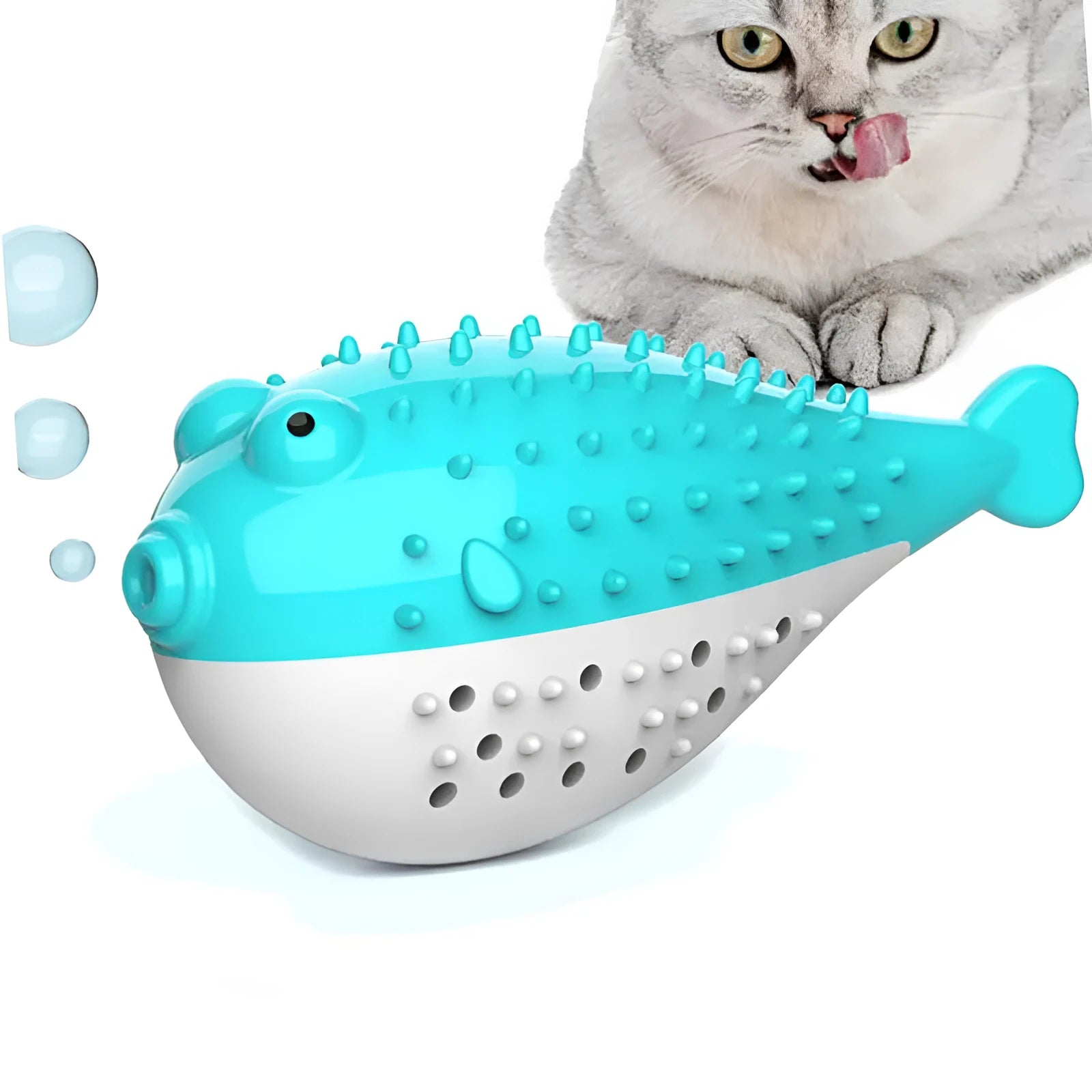Blue silicone fish-shaped cat chew toy for pet chewing and playing activities