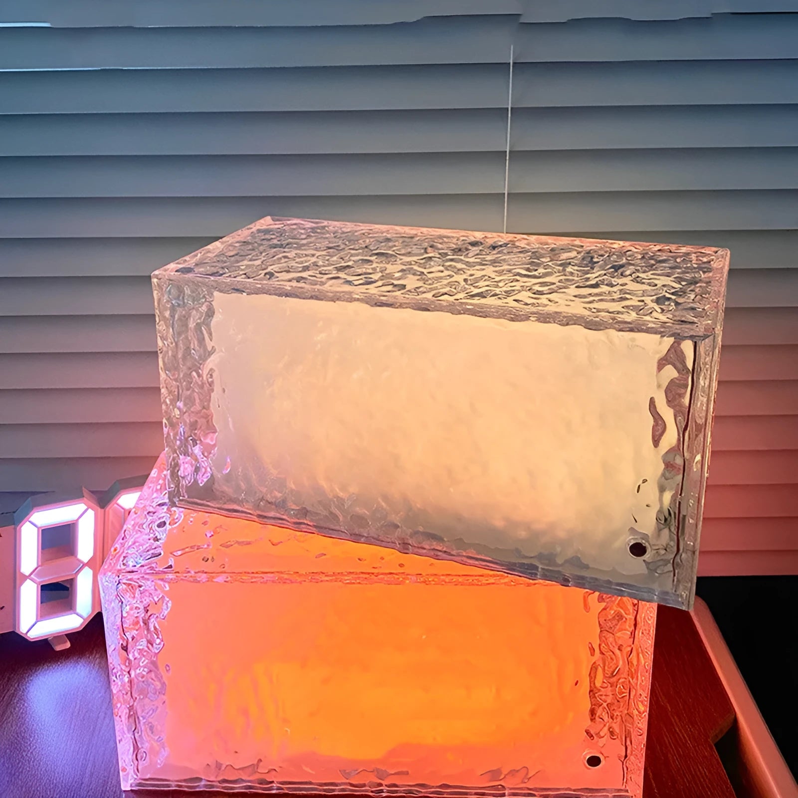 Geometric ice cube shaped acrylic night lamp with touch controls and colour changing lights