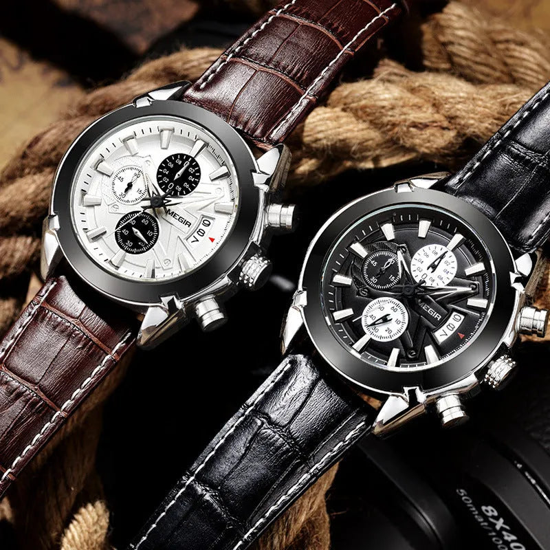 Men's multifunctional chronograph watch with three sub-dials and luminous display