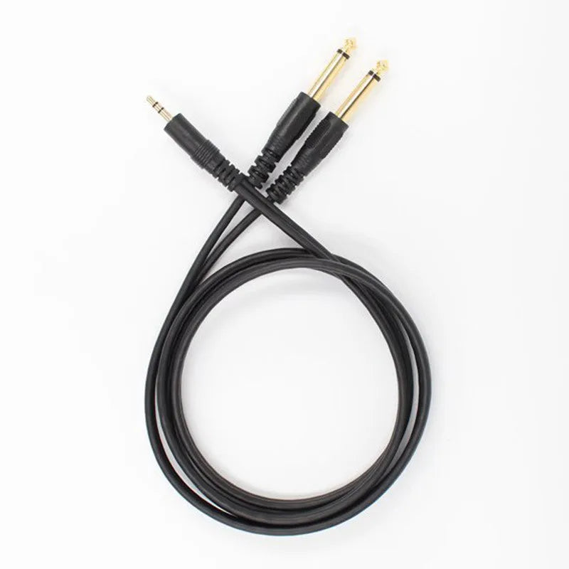 3.5mm to two 6.35mm male audio splitter cable with black cord and metal connectors