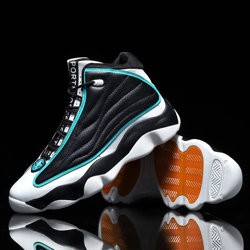 Men's high-top basketball shoes in AJ13 white red colour with mesh upper and rubber sole.
