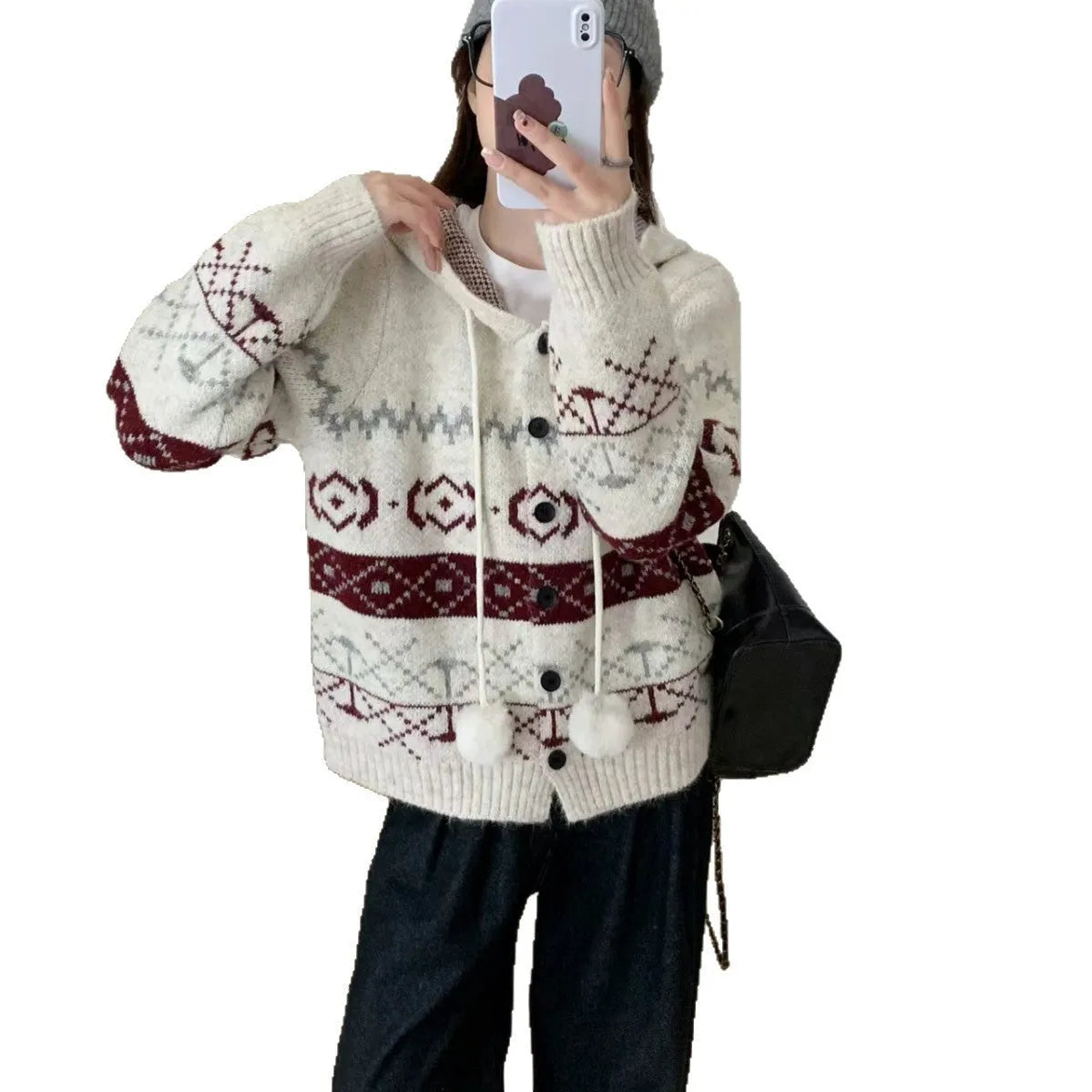 Plus size women's loose fit coat sweater with geometric brocade pattern in beige or grey