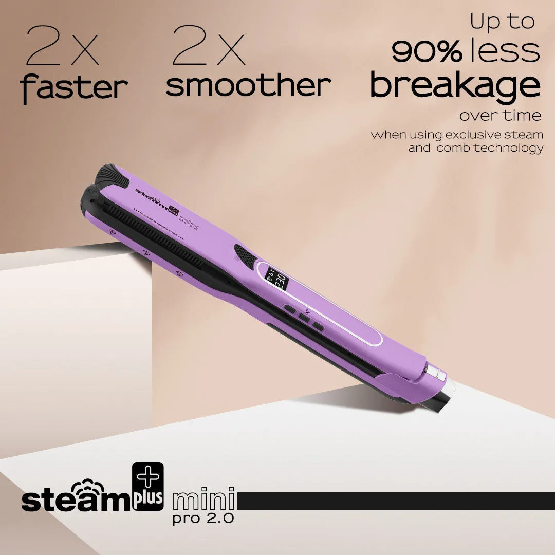 Mini steam hair straightener in champagne colour with steam vents and styling plates