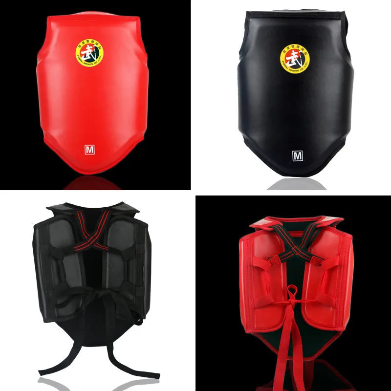 One-piece boxing chest protector in red, blue, or black, made from PU leather.