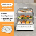 28-litre electric steamer with stainless steel rack showing control panel and compact kitchen design