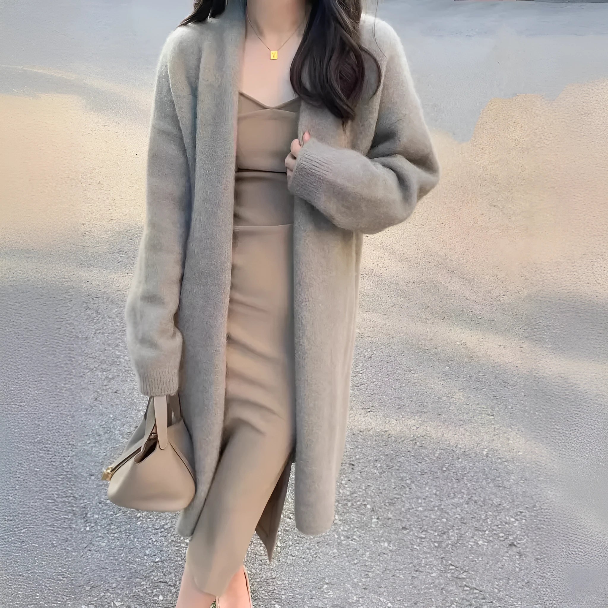 Women's knitted V-neck cardigan in khaki colour with medium length and loose fit