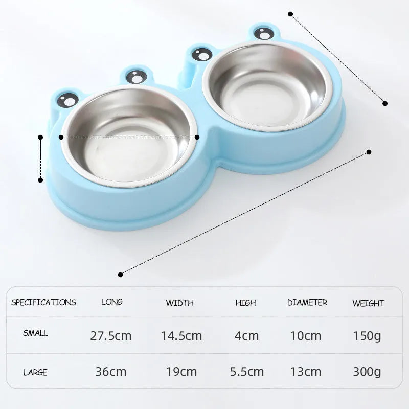 Stainless steel double pet bowl with frog design in blue, green, or pink colours