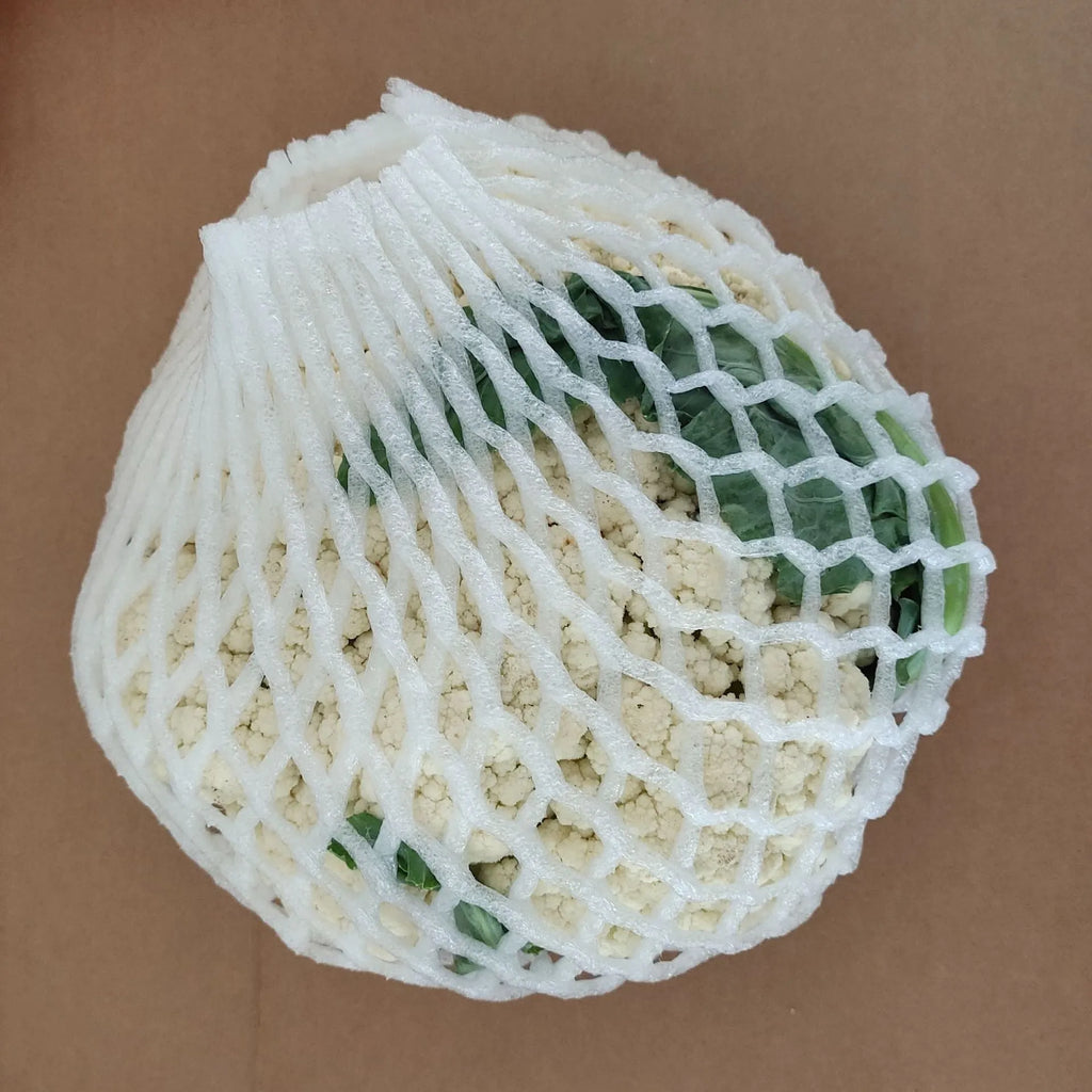 White foam protective net case for fruits showing mesh texture and size options
