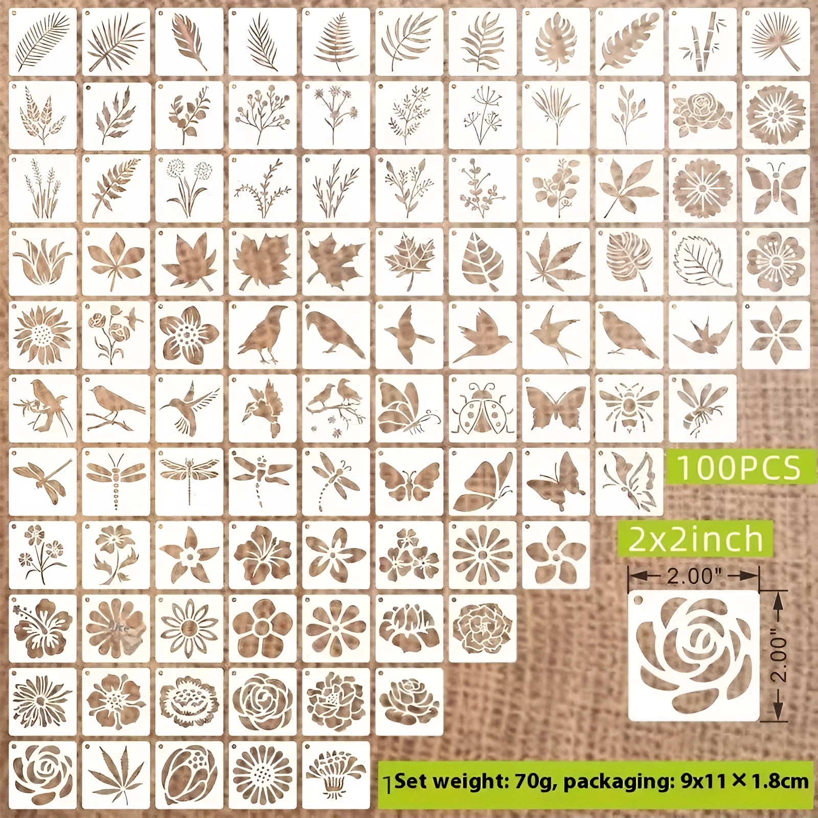 700-piece collection of 2-inch PET film spray painting stencils showing flower, animal, ocean, Hawaiian, and letter designs