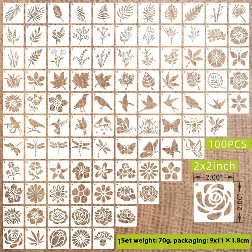 700-piece collection of 2-inch PET film spray painting stencils showing flower, animal, ocean, Hawaiian, and letter designs