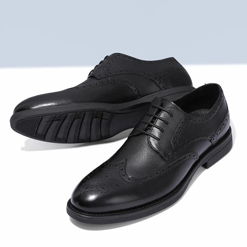 Men's black and brown brogue Oxford-style formal shoes with classic perforated detailing.