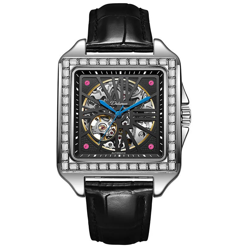 Men's square automatic watch with diamond studs on case, business style with black or white strap options.