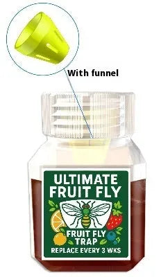 Bottle of fruit fly trapper bait liquid with optional funnel for kitchen pest control