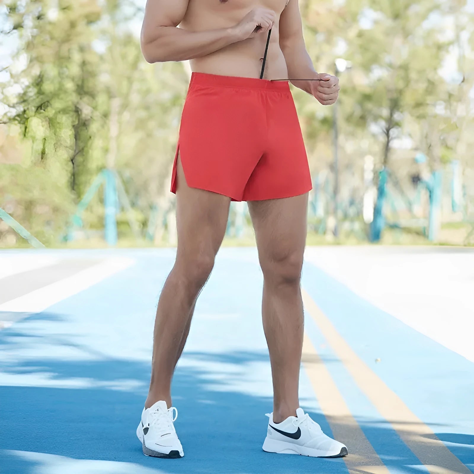 Men's high-waist off-road running shorts in red black navy blue grey colours loose fit quick-drying