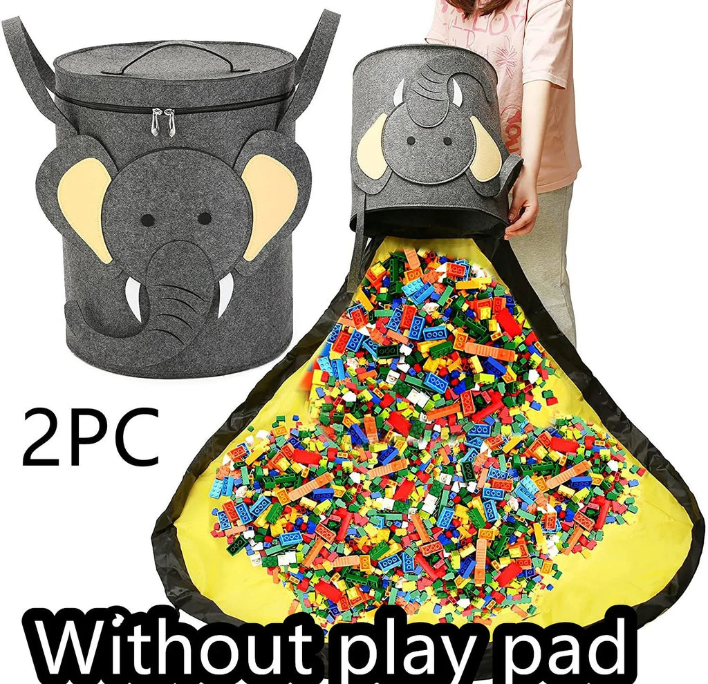 Green felt cube storage bag transformed into flat play mat with pull rope