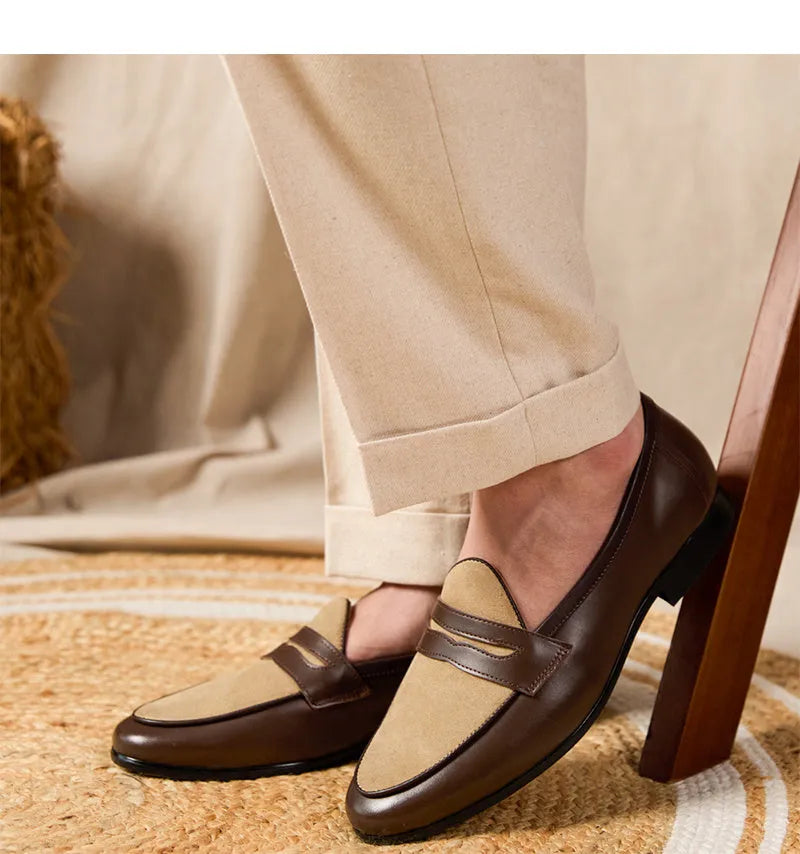 Coffee grey suede loafers with high-gloss finish and slip-on design