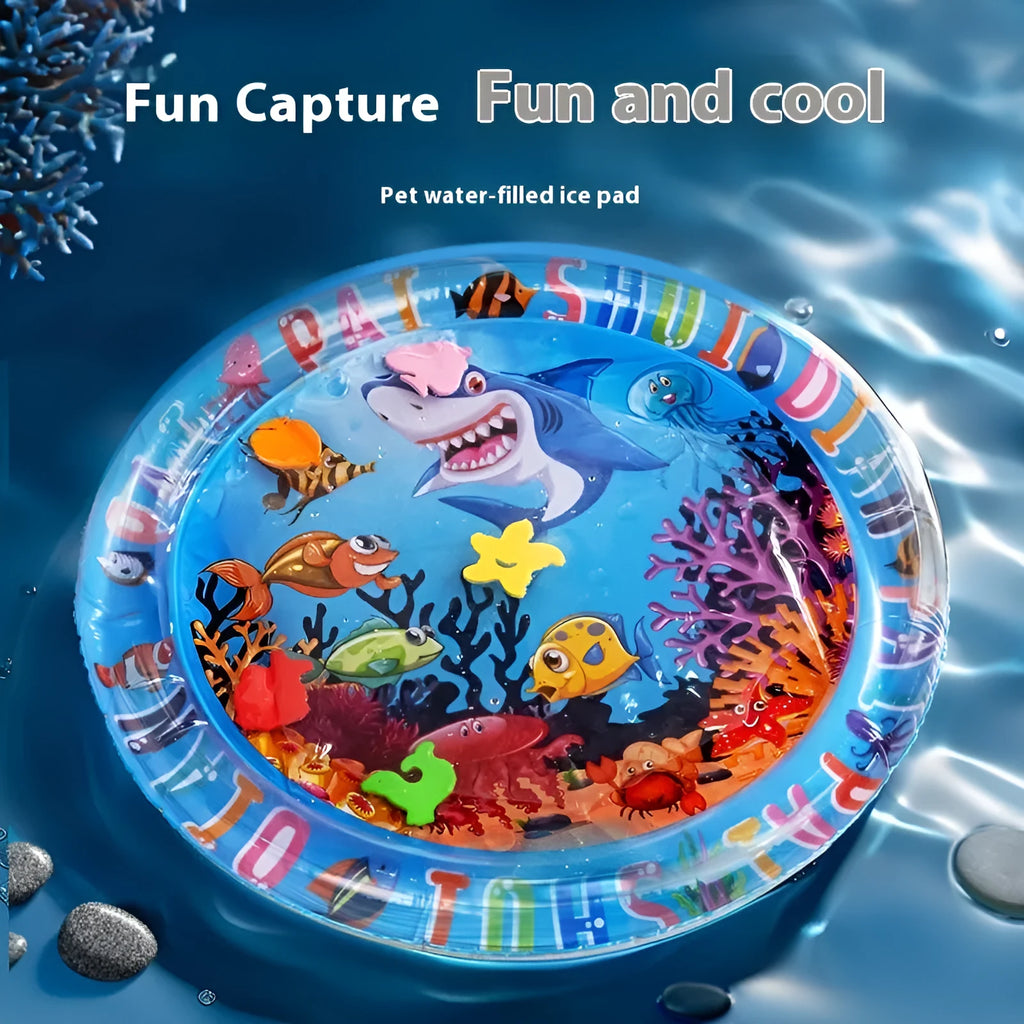 Inflatable PVC water cooling mattress for pets in dolphin or shark design.