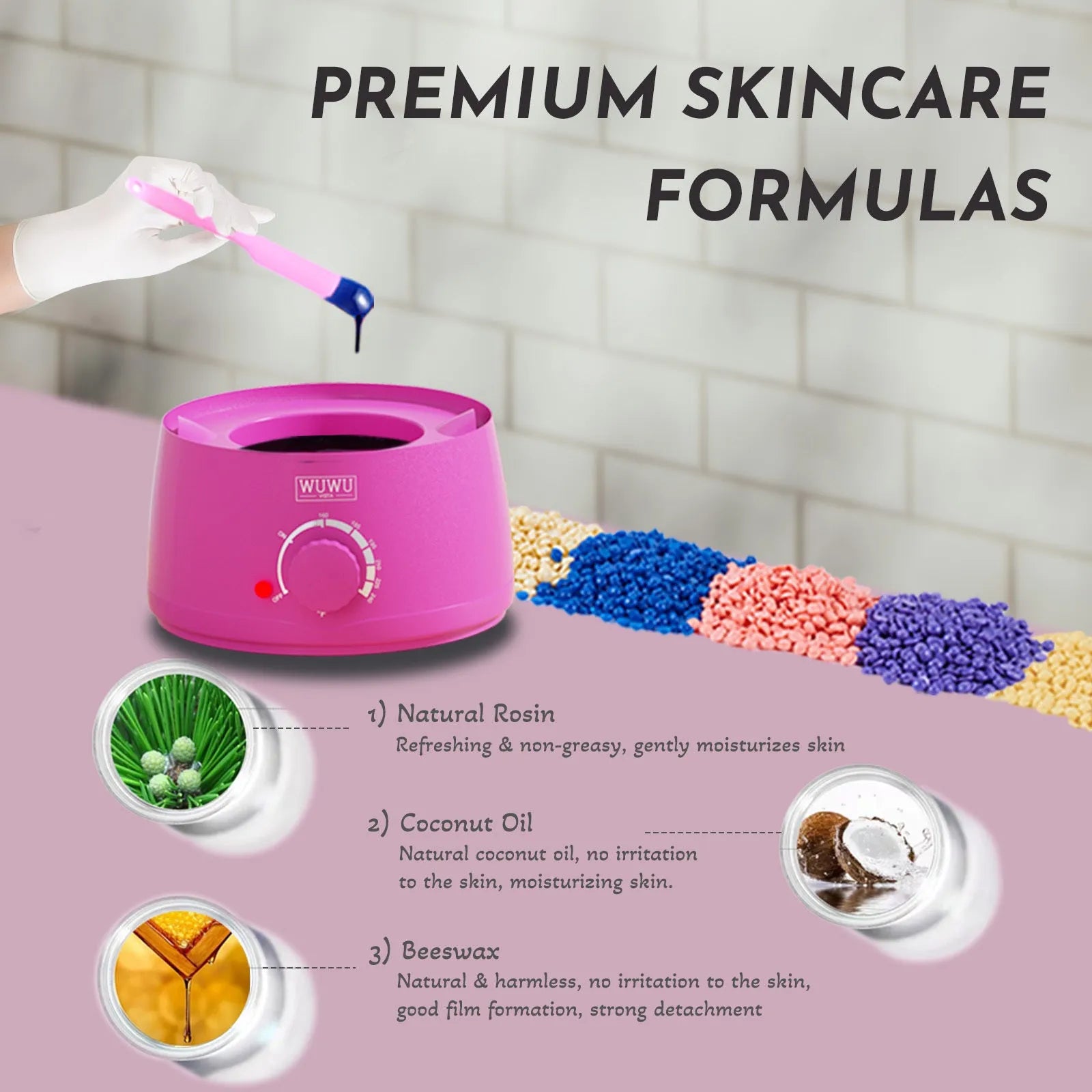 Professional waxing kit with wax warmer, hard wax beans, application sticks, and post-care products